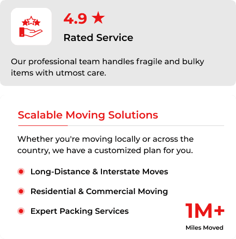 Infographic showcasing a 4.9-star rated moving service, known for expert long distance moving services, residential/commercial moves, and packing—highlighting over 1 million miles moved.